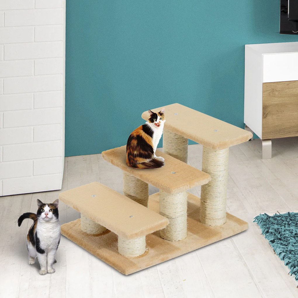 PawHut drapak schodki dla kota i psa 3 stopnie stabilne schody dla zwierząt domowych beżowe 45x35x34cm | Aosom PL