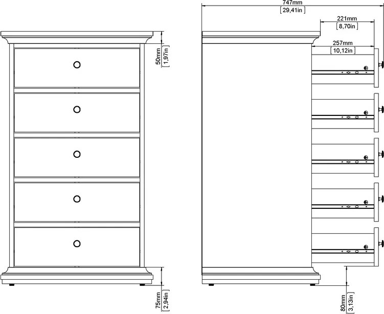 Wąska komoda Paris z 5 szufladami, kolor szary