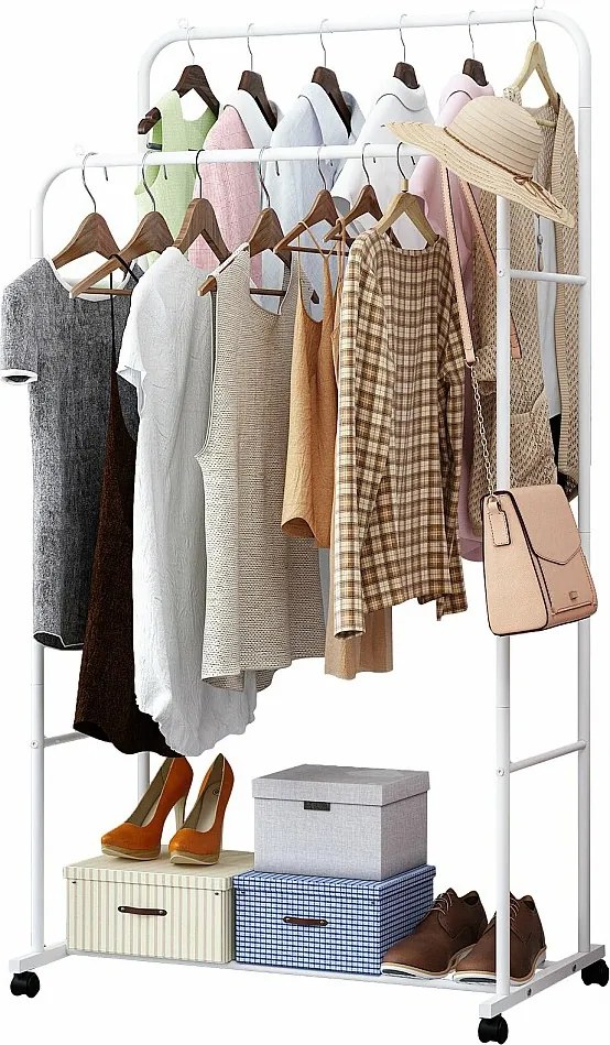 Wieszak na ubrania na kółkach, solidny, wielofunkcyjny, profesjonalny wieszak na ubrania z 2 drążkami, 80,5x51x155cm