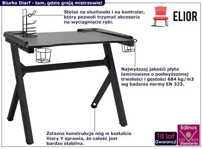 Czarne biurko gamingowe z podświetleniem LED - Cortina 11W