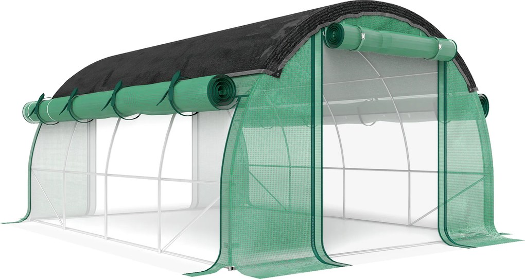 Outsunny Szklarnia Polytunelowa 4 x 3 x 2 m z siecią przeciwsłoneczną, zwijanymi ścianami bocznymi, pokrywą z plastiku, stalową ramą, Zielony