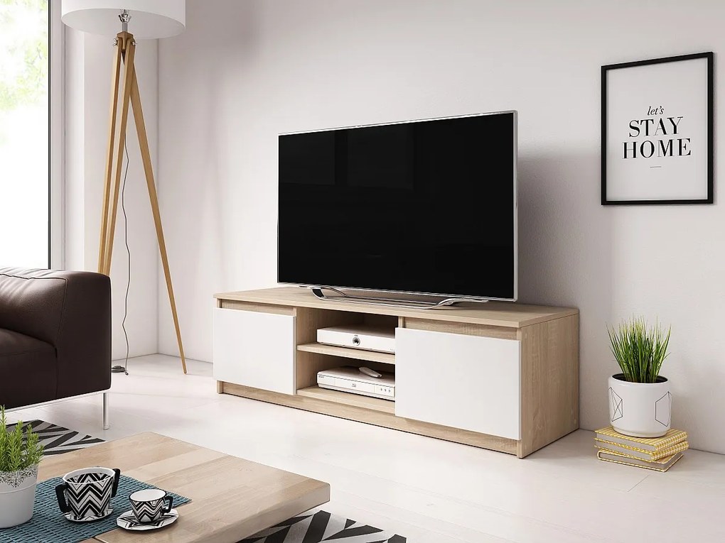 Prosta szafka RTV 120 cm z LED, pod telewizor, 2 szafki i półki, korpus sonoma, fronty biały mat