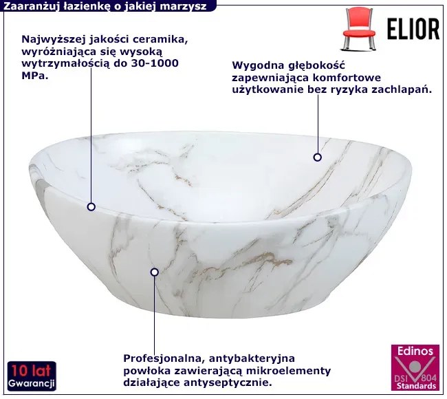 Biała okrągła umywalka ceramiczna z motywem marmuru - Afri