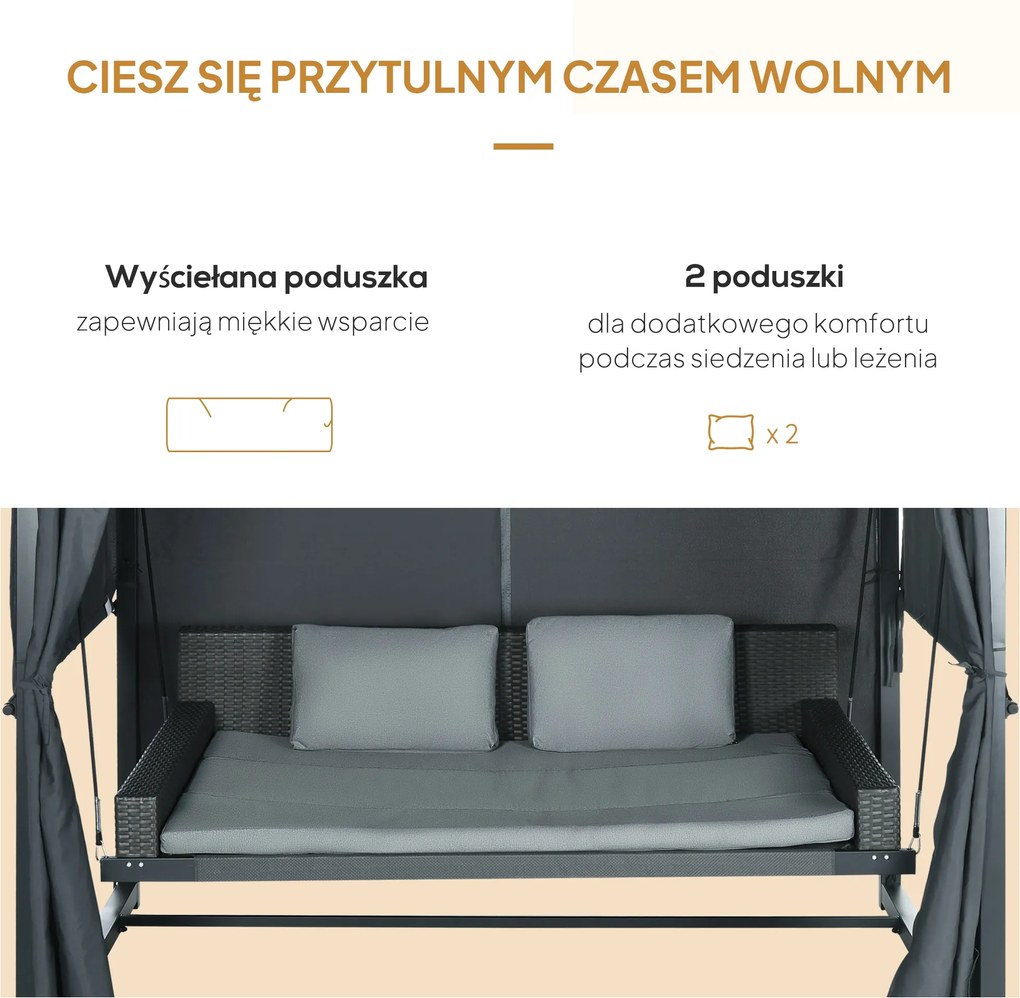 Outsunny Łóżko huśtawkowe ogrodowe z rattanu z baldachimem i poduszkami szare odporne na pogodę | Aosom PL
