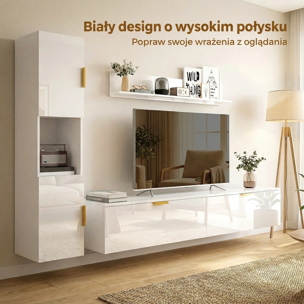 HOMCOM Wiszące RTV z uchylnymi drzwiczkami Centrum rozrywki półka ścienna szafka 180 cm biały wysoki połysk | Aosom PL