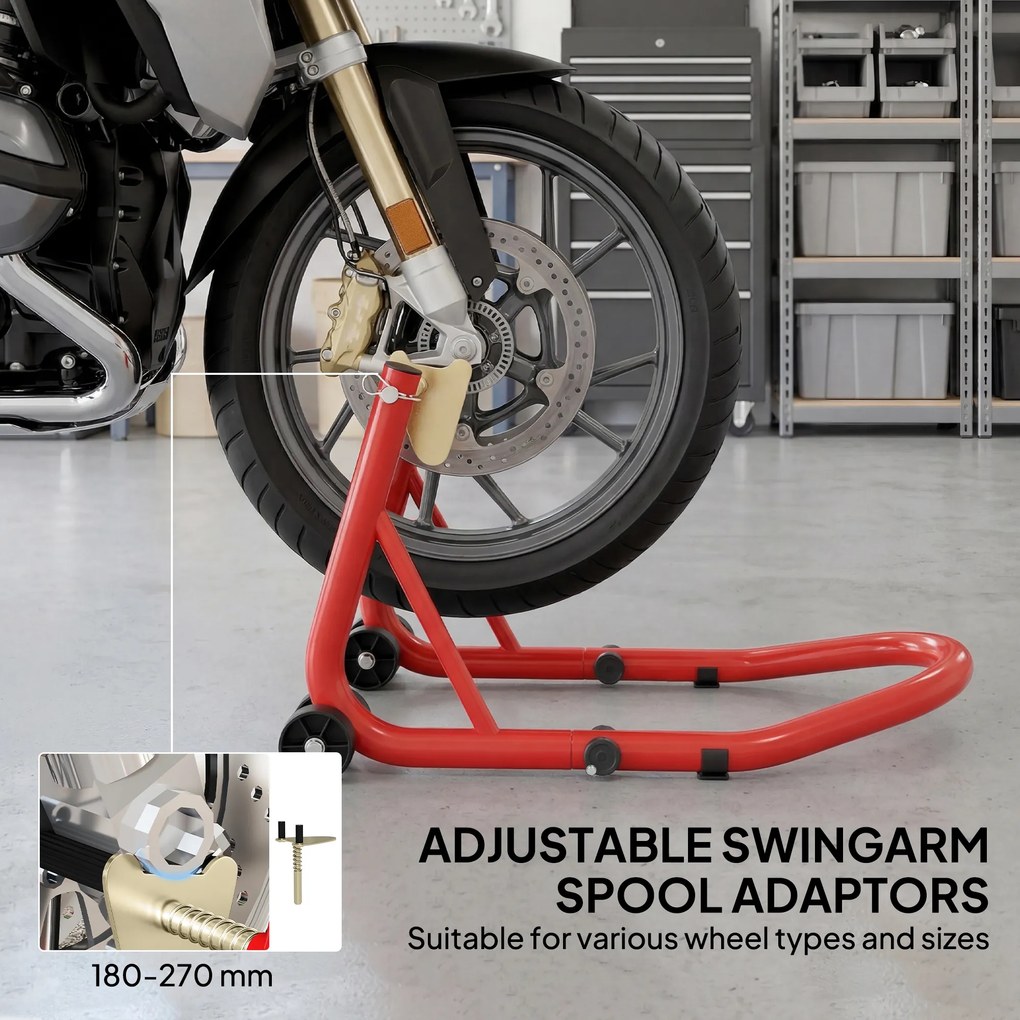 HOMCOM Stojak Motocyklowy Zestaw do Przedniego/Tylniego Koła Podnośnik Motocyklowy do 544 kg Stalowy Czerwony