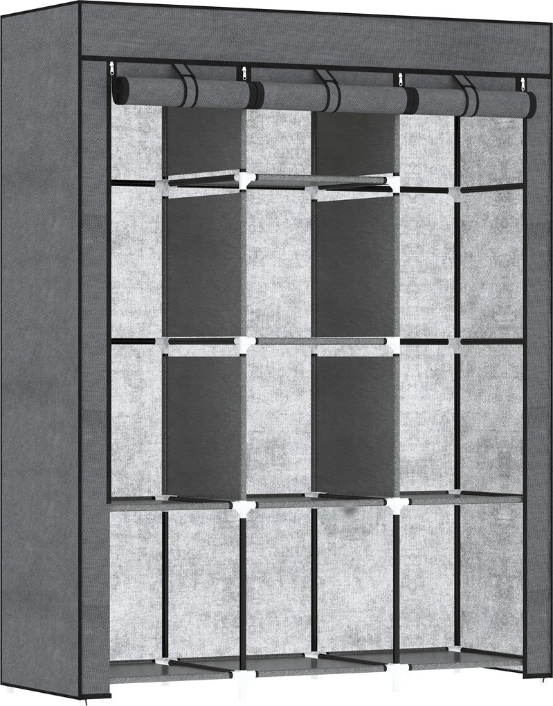 HOMCOM Szafa z Tkaniny, Rozwiązanie do Przechowywania, 8 Regałów, 2 Drążki na Ubrania, Ciemnoszary