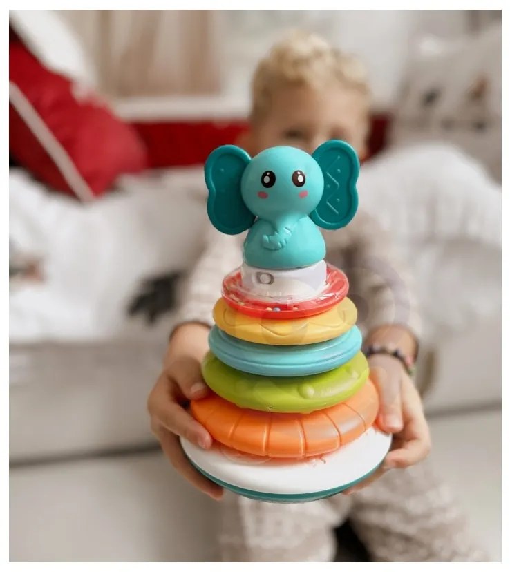 Woopie baby piramida wieża interaktywna słonik z obręczami grzechotka
