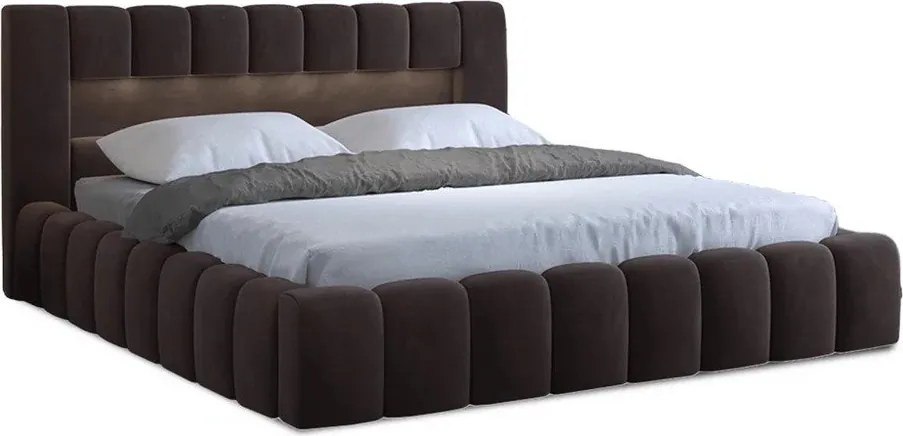 Ciemnobrązowe tapicerowane łóżko dwuosobowe ze schowkiem ze stelażem 180x200 cm Lamica – ELTAP