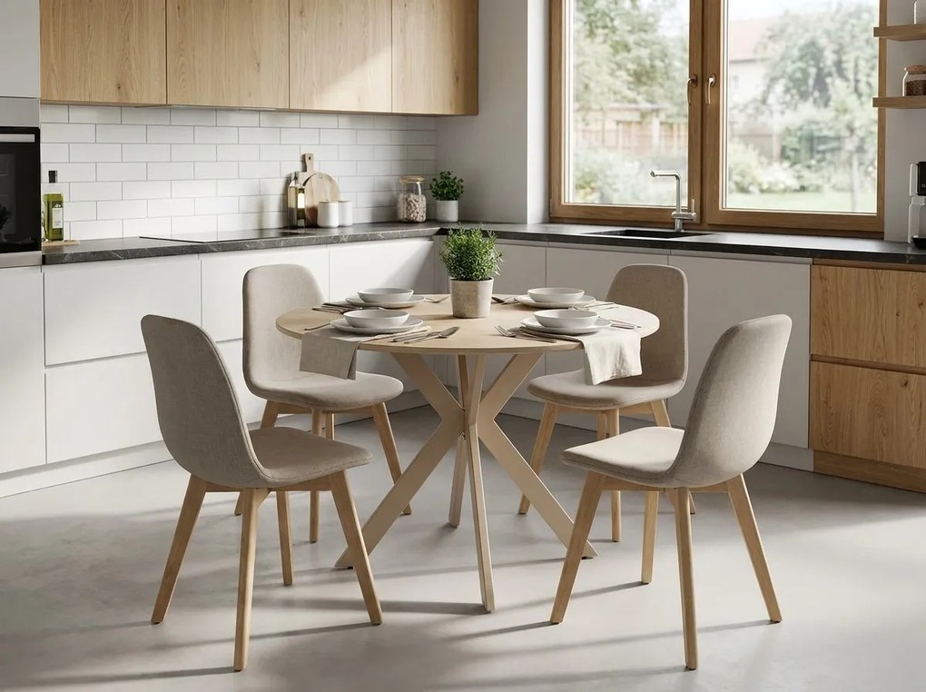 Okrągły stół jadalniany TALIA 90 cm z ceramicznym blatem z trawertynu, beżowy