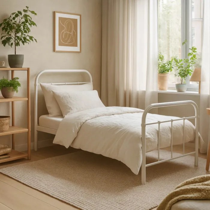 Łóżko Metalowe Jednoosobowe 90x200 cm ze Stelażem PABLO Metalowe Białe