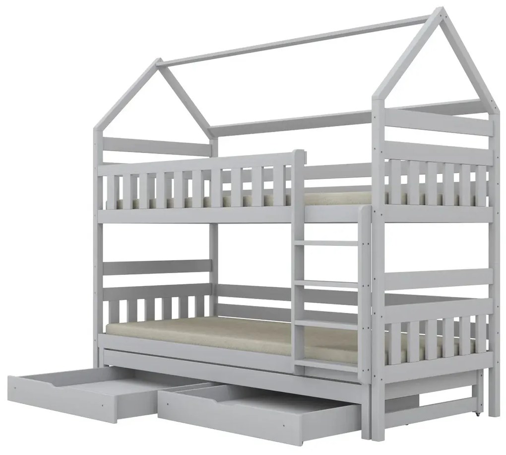 Łóżko piętrowe domek FELIKS 180x80 białe drewniane trzyosobowe z szufladami KOCOT KIDS