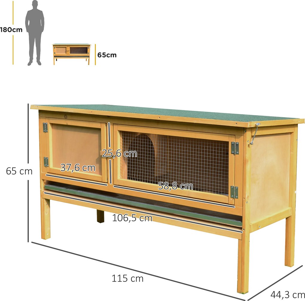 PawHut Domek dla królików z drewna z otwieranym dachem, 2 drzwiami, wysuwaną podstawą, 115x44,3x65 cm Jasnożółty | Aosom PL