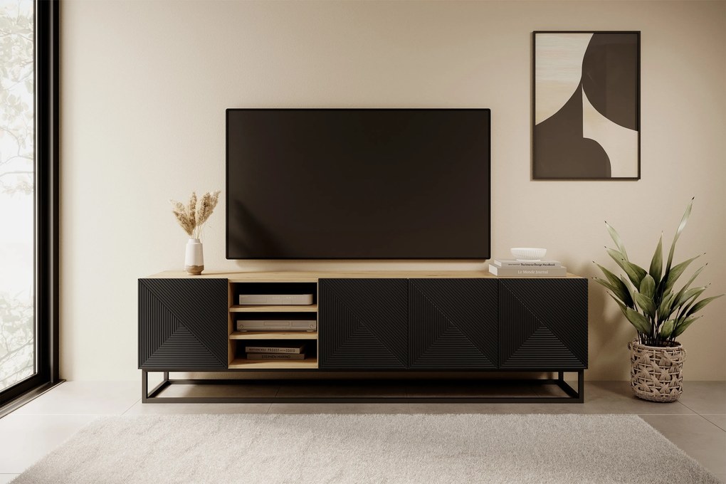 Szafka RTV Asha 200 cm ryflowana z wnęką i metalowym stelażem - artisan / czarny mat
