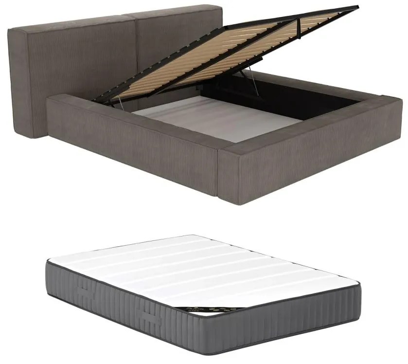 Łóżko ze skrzynią 160 × 200 cm – Sztruks – Taupe + Materac – TIMANO marki Pascal Morabito