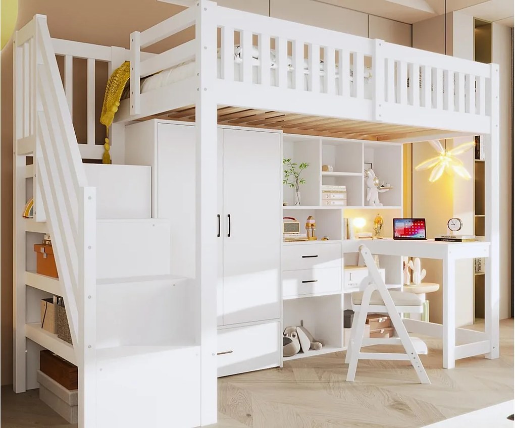 Łóżko na antresoli 90x200cm - z drabiną z pojemnikami - z szafą - z biurkiem - z 3 szufladami + przegródkami do przechowywania - biały