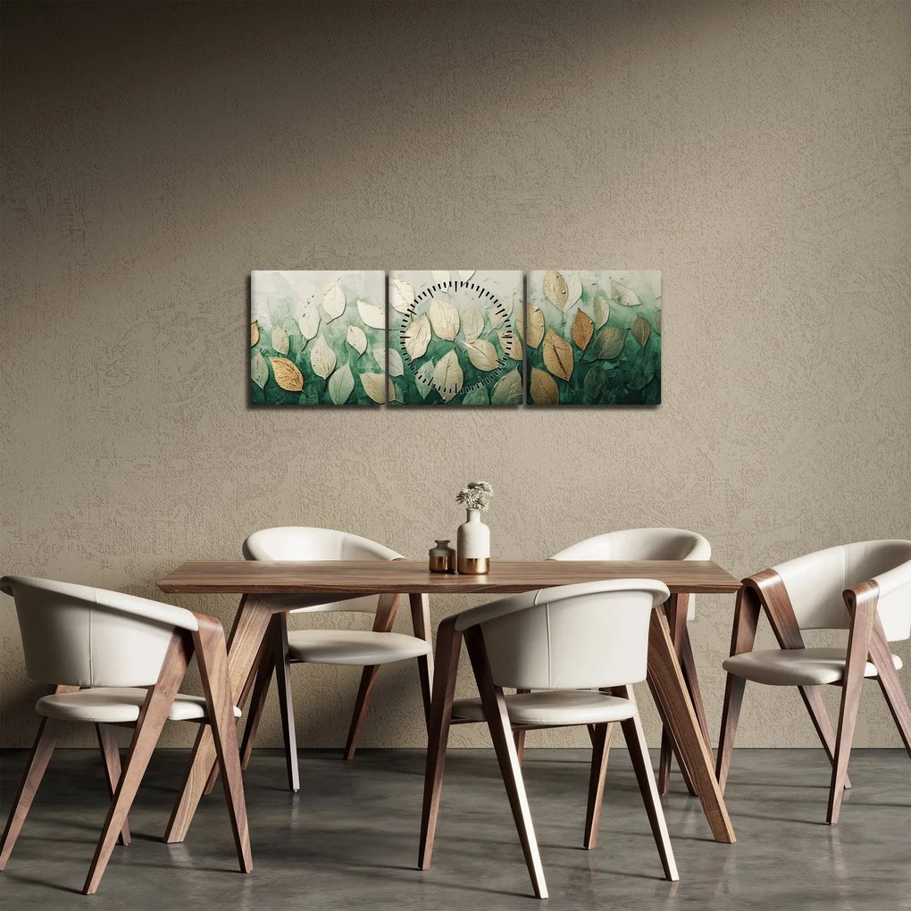 Obraz - Złoto-zielone liście (z zegarem) (90x30 cm)
