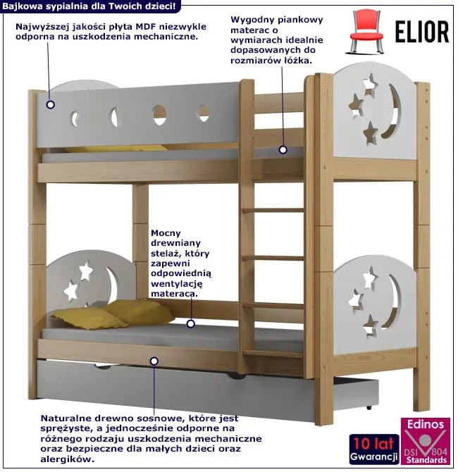 Piętrowe łóżko z zagłówkami w gwiazdki, sosna D0-D62