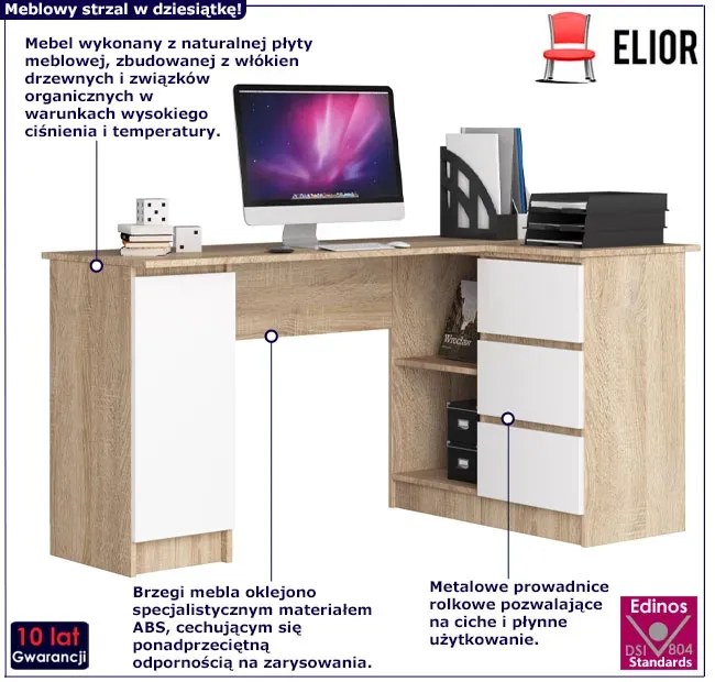 Biurko narożne duże dla młodzieży dąb sonoma + biały prawostronne S0-W22