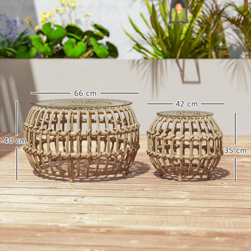 Outsunny Zestaw 2 Stolików Bocznych z Polirattanu Ø66/42 cm Okrągłe Wodoodporne z Blatem ze Szkła Brązowe