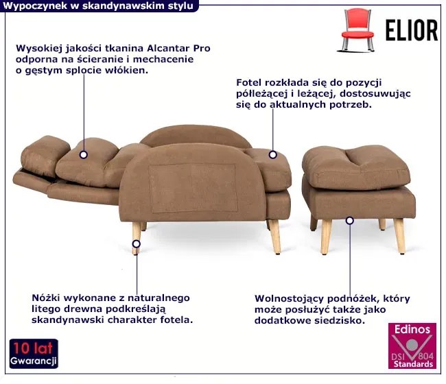 Brązowy relaksacyjny fotel w stylu skandynawskim - Stax