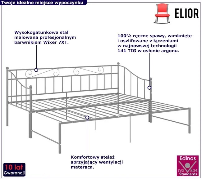 Szare metalowe łózko rozkładane 90x200 cm - Leoli