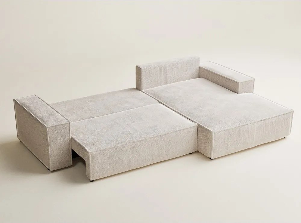 Kremowy rozkładany narożnik ze schowkiem z tkaniny szenilowej (prawostronny/z szezlongiem) Maze – Maison de Rêve