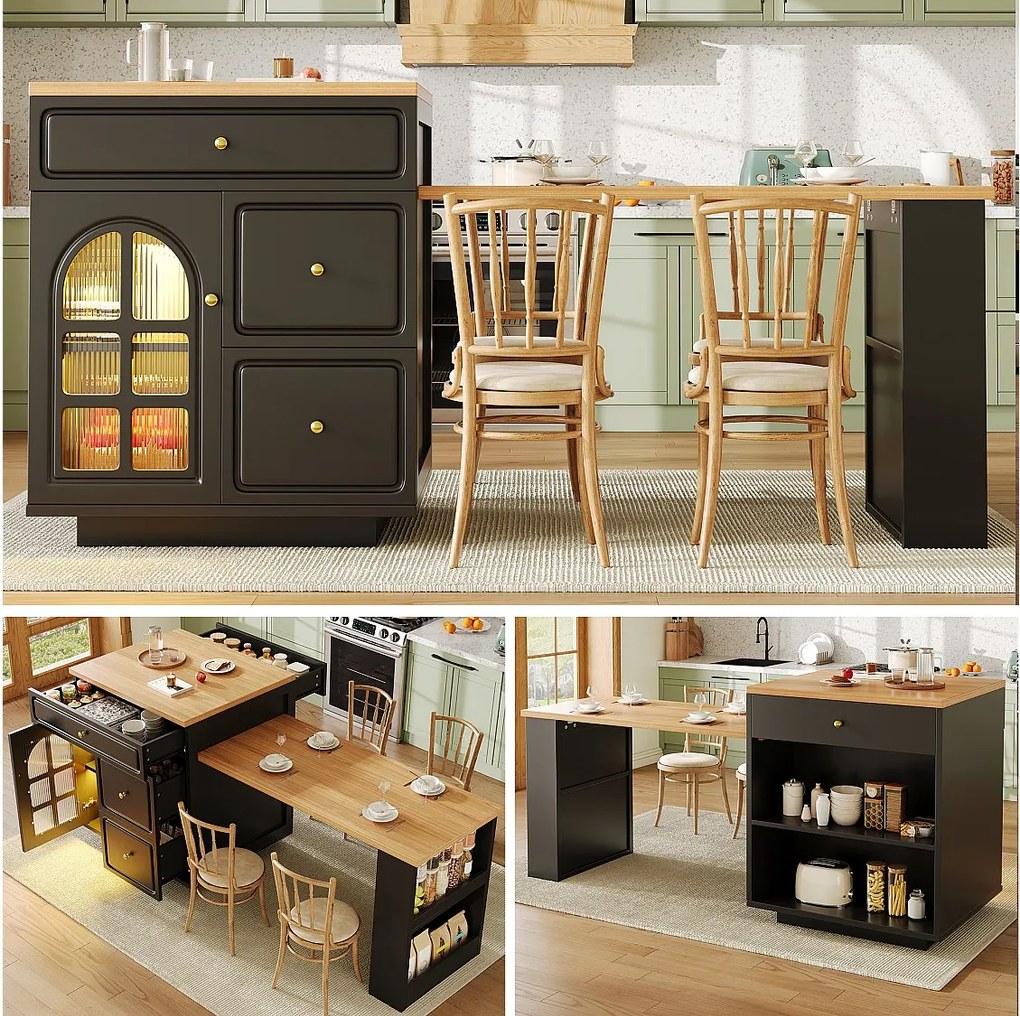Wyspa kuchenna rozkładana - 122,5/195,5 x 59 x 93,5 cm - z szufladami + diodami LED + drzwiami - MDF - czarna