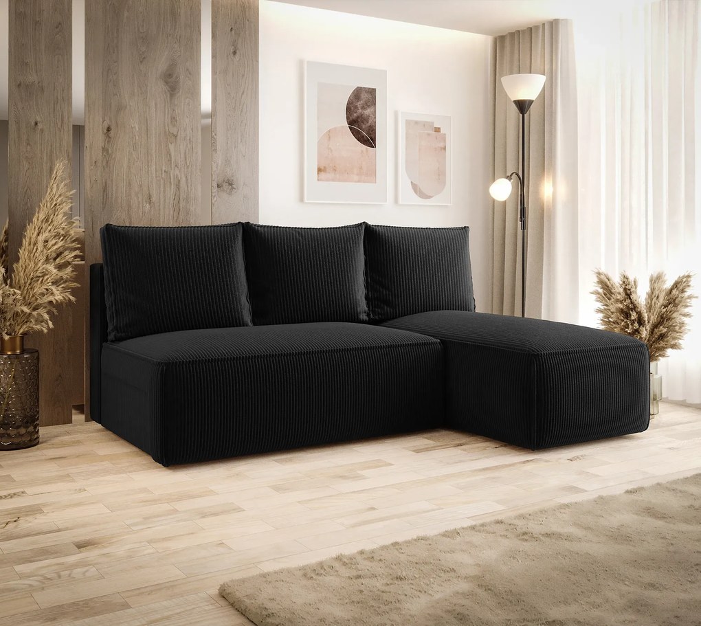 Czarna rozkładana sofa narożna z funkcją spania C6-A00
