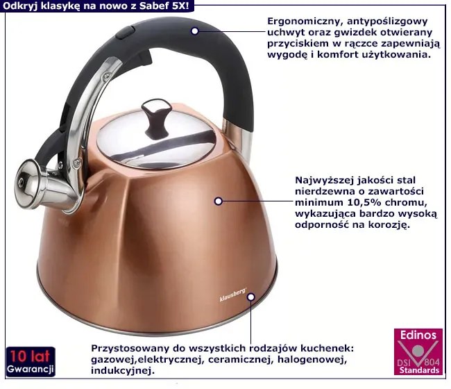 Czajnik tradycyjny z gwizdkiem 3L miedziany - Sabef 5X