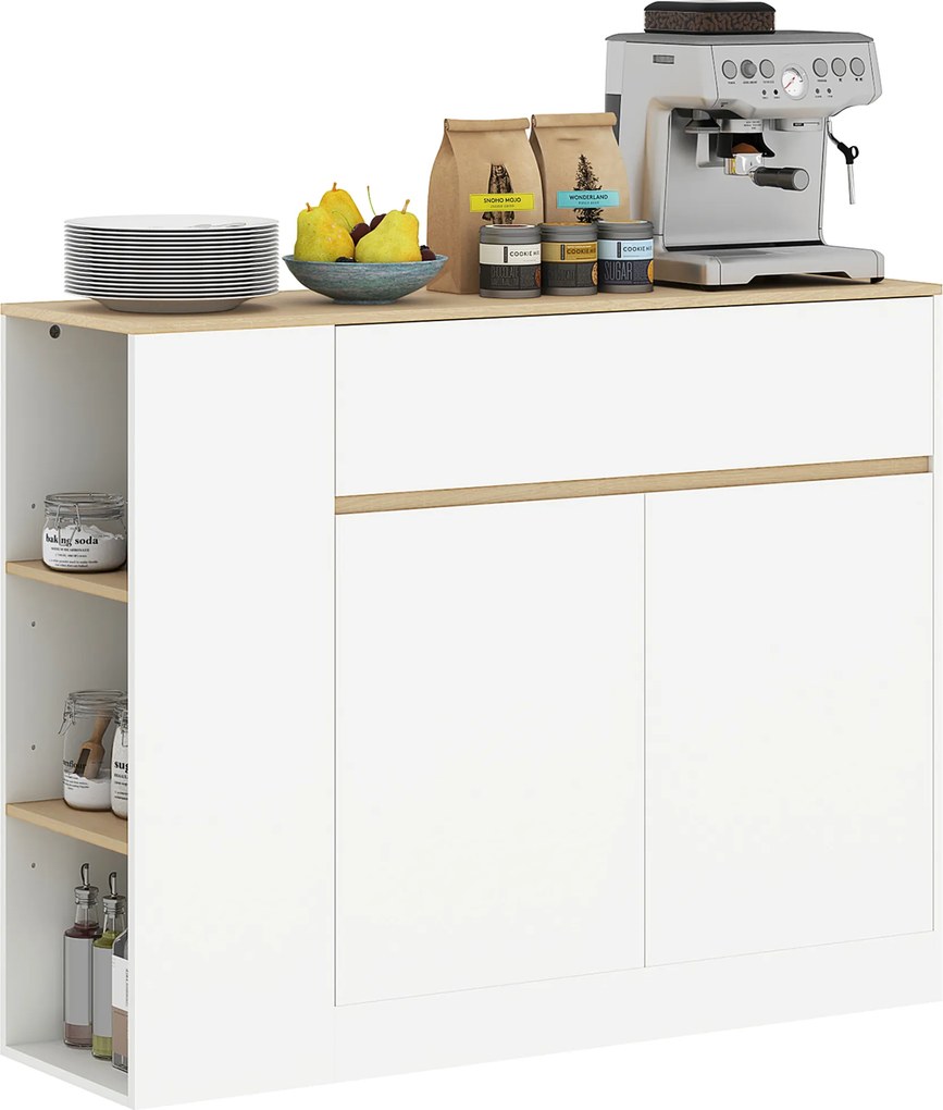 HOMCOM Sideboard z dużą szafką, 3 półkami, szufladą, 105 x 30 x 81,5cm, Biały/Drewno