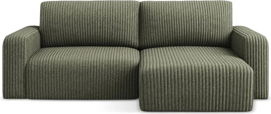 Zielony sztruksowy rozkładany narożnik ze schowkiem (prawostronny/z szezlongiem) Kona – Makamii