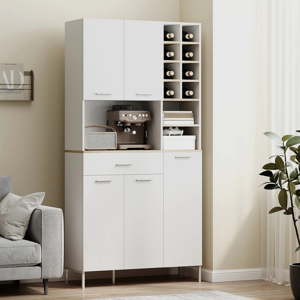 HOMCOM Szafka kuchenna z otwartymi regałami, przegródkami, stojak na wino, schowek z 5 drzwiami, MDF, Biały