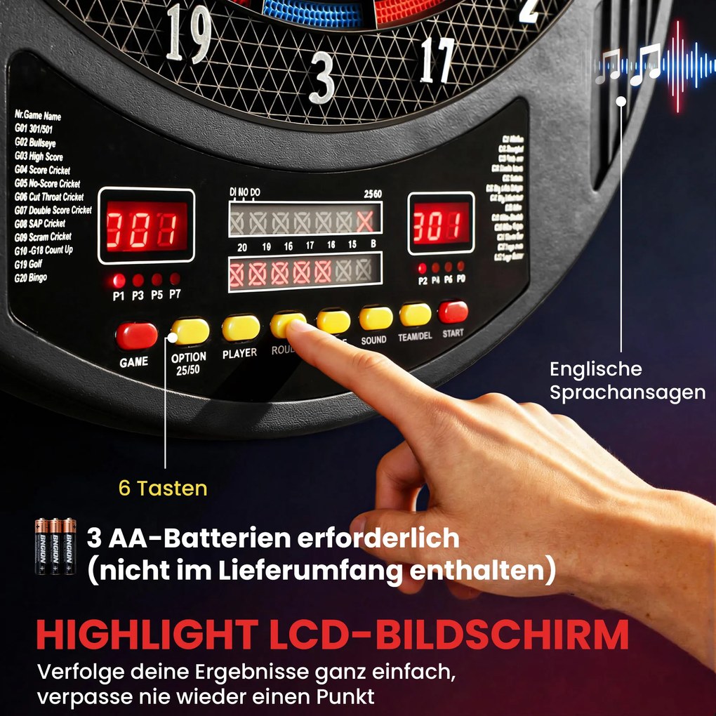 SPORTNOW Elektroniczna tarcza do darta dla 1-8 graczy, wyświetlacz LCD, 6 zestawów rzutków, kolorowa | Aosom PL