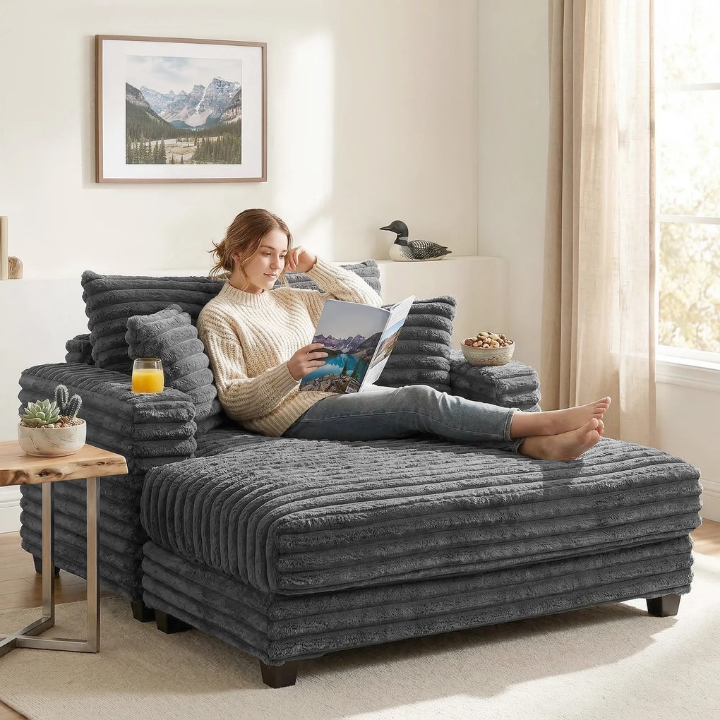 HOMCOM Szezlong 2-osobowy, sofa z funkcją spania 134 x 151 cm z uchwytami na napoje, do salonu, szara | Aosom PL