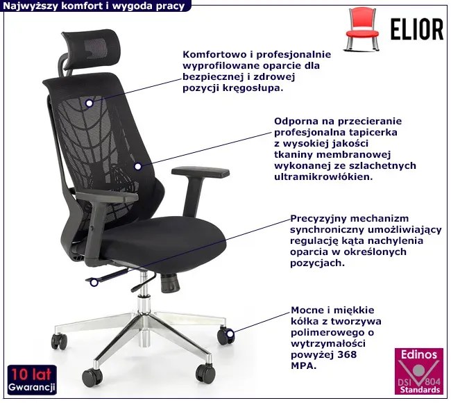 Czarny ergonomiczny fotel obrotowy z regulacją wysokości siedziska - Zynex