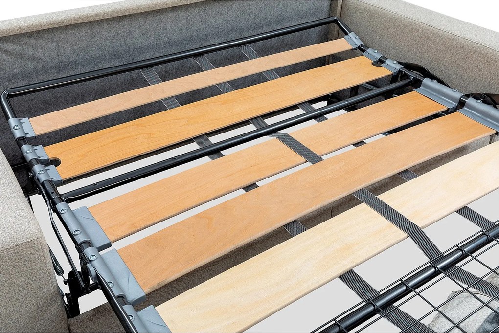 Kanapa 4-osobowa rozkładana typu express z czerwonej ekoskóry z siedziskiem z pianki z pamięcią kształtu - Powierzchnia spania na szerokich listwach 160 cm - Materac 18 cm CALIFE