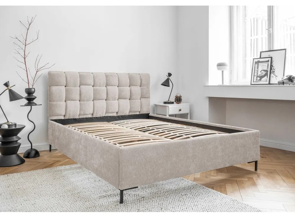 Beżowe tapicerowane łóżko dwuosobowe ze stelażem 180x200 cm Eve – Miuform