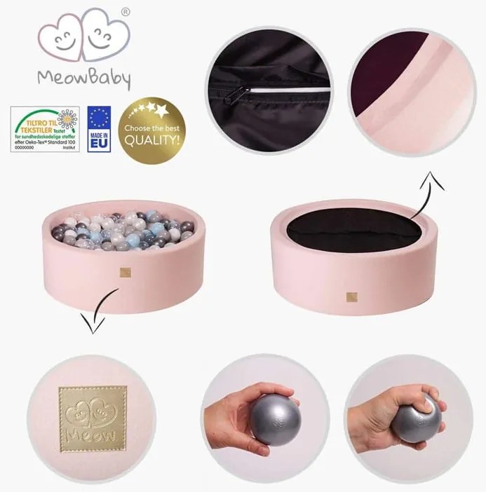 Okrągły suchy basen z piłeczkami 7cm dla dziecka, 90x30cm/200 piłek, bawełniany, jasnoszary, piłki: czerwone, żółte, biała perła, niebieska perła - meowbaby®