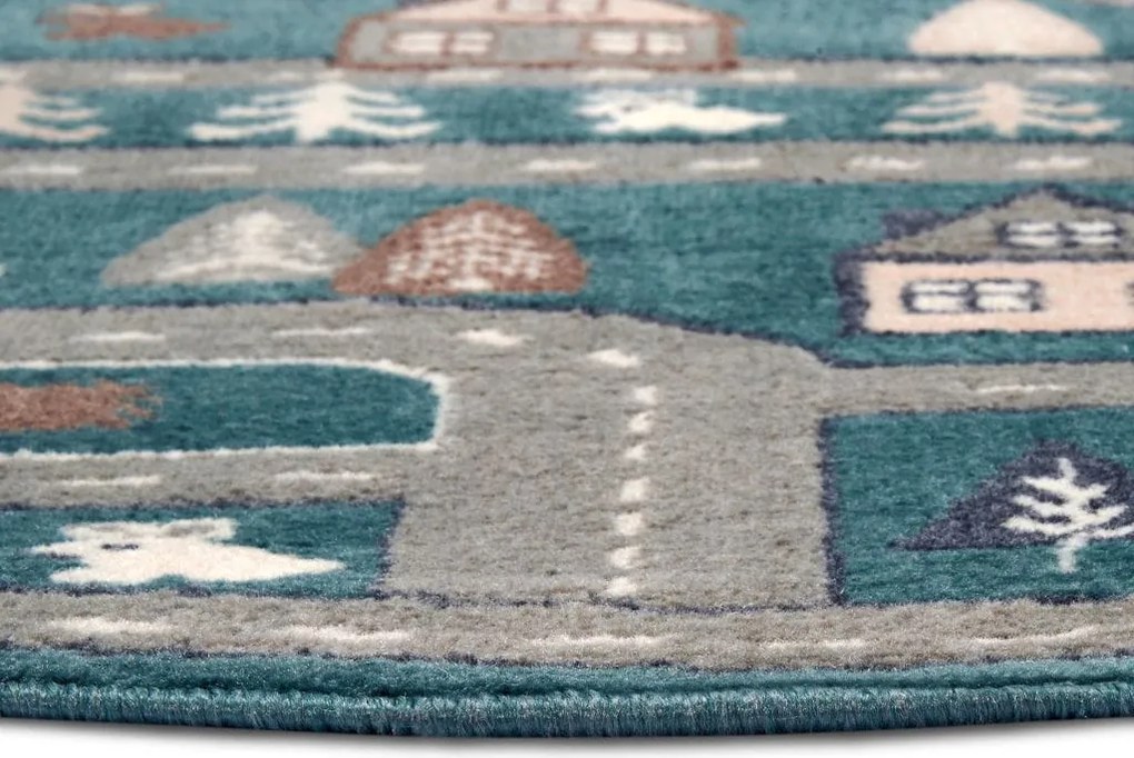 Dywan dziecięcy Adventures – Uliczki zielono-brązowo-szare koło 140 cm x 140 cm Atest Oeko-Tex