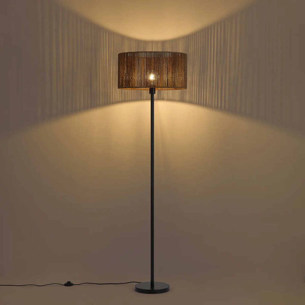 Lampa podłogowa czarna z brązowym abażurem z papierowego sznurka 50/50/25 - Simplo