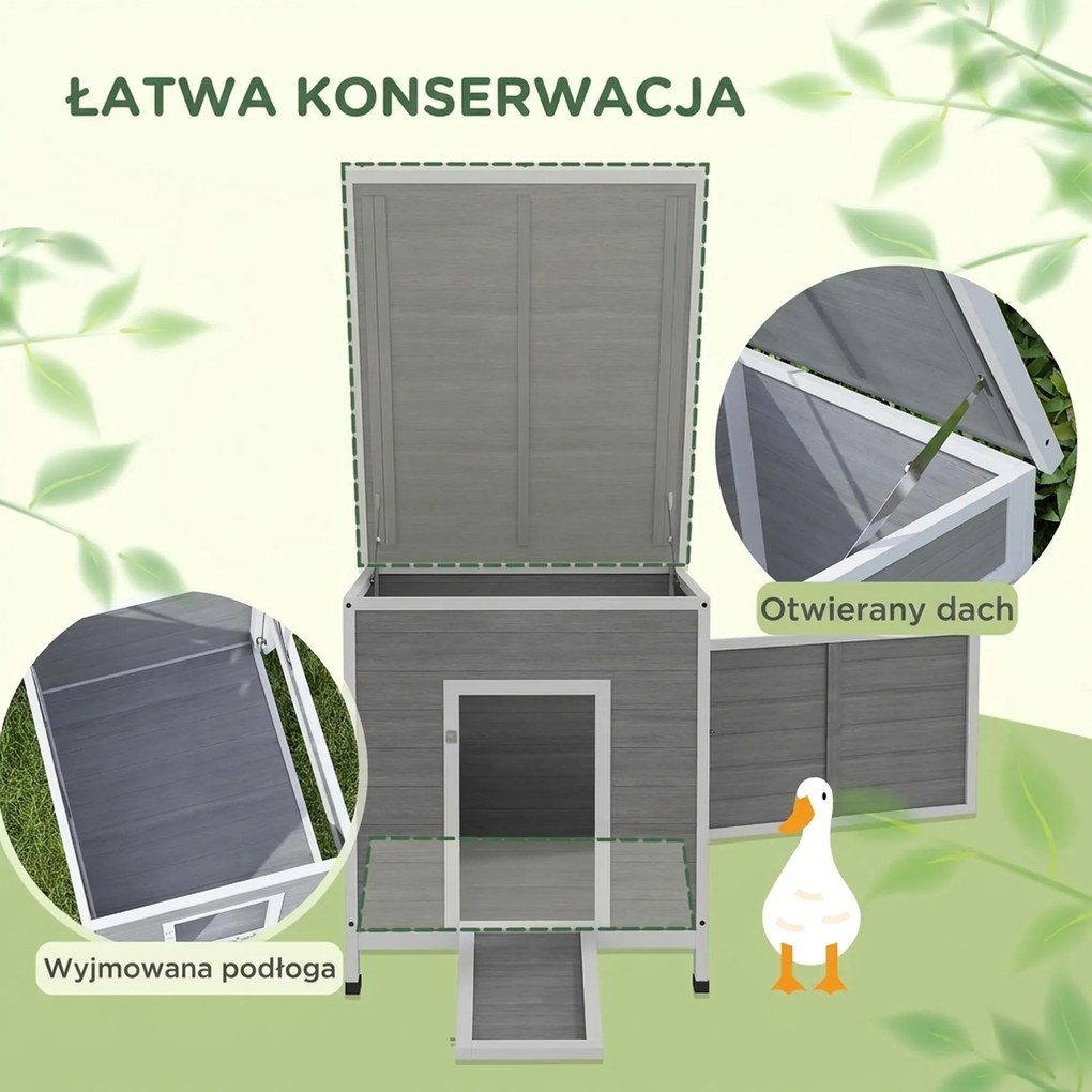 PawHut Kurnik dla kaczek z drzwiami bocznymi, otworami wentylacyjnymi, kurnik z drewna jodłowego dla drobiu, kurnik dla gęsi i kur z wodoodpornym dachem asfaltowym, 63 x 82 x 76 cm, jasnoszary