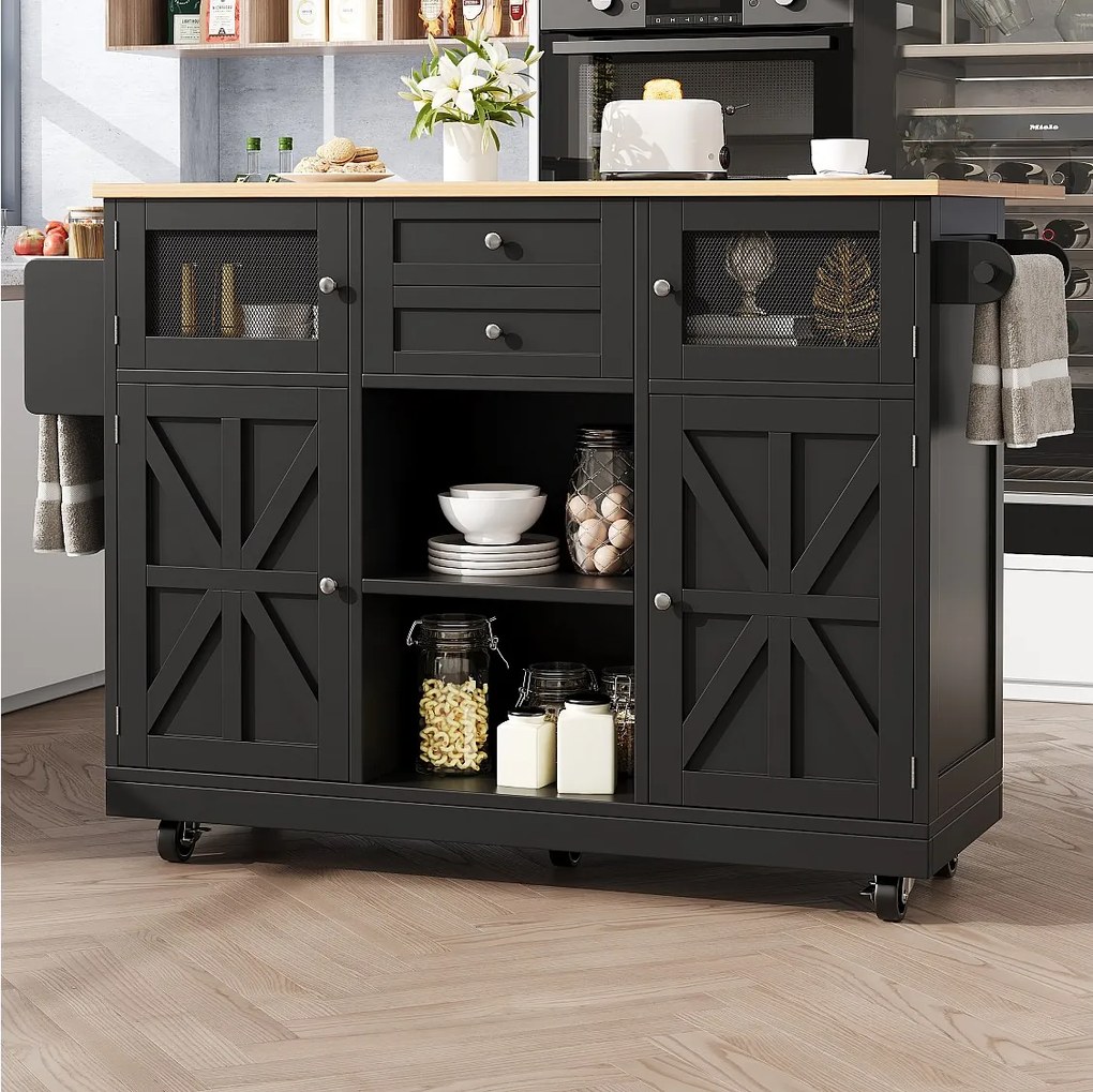 Czarna wyspa kuchenna - Wózek kuchenny z 2 szufladami i 4 drzwiami - Półka na przyprawy i ręczniki