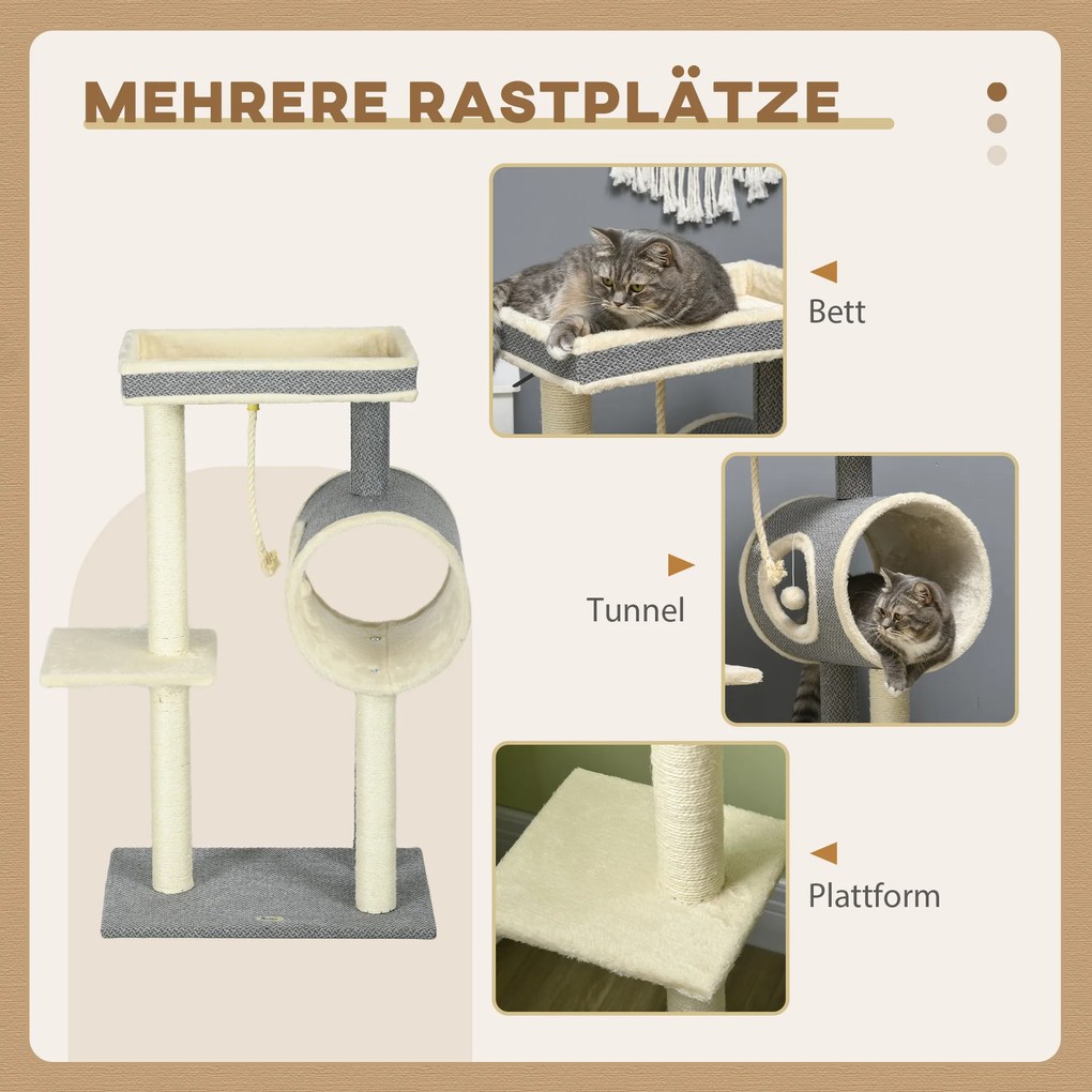 PawHut Drzewko dla kota z zabawką piłeczką i drapakiem Komfort i rozrywka dla kota Szary Beż Krem | Aosom PL