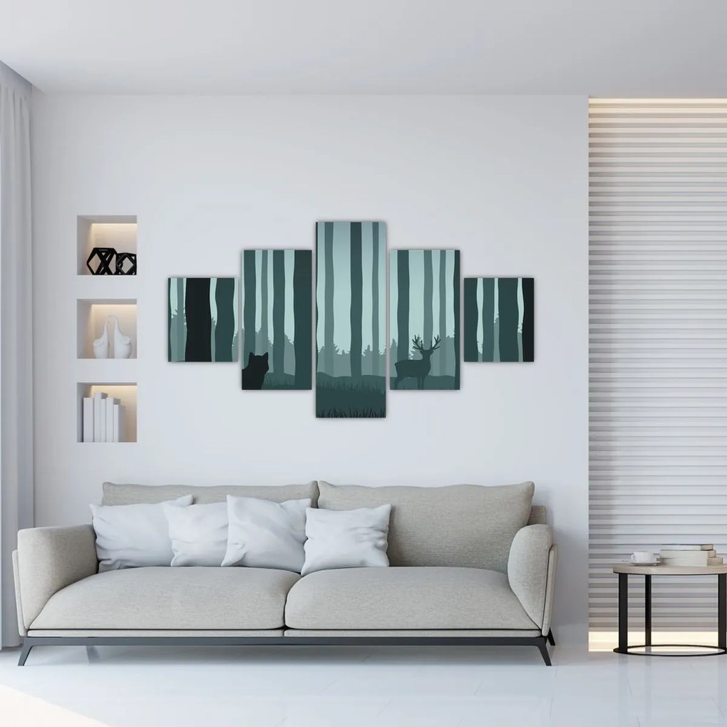 Obraz - Jeleń z wilkiem w skałach (125x70 cm)