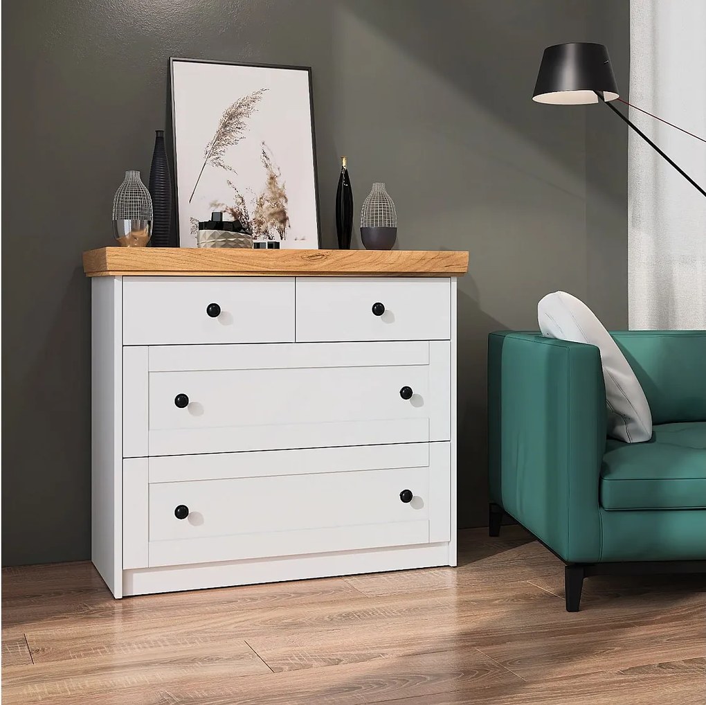 Komoda 92x82x42 cm Matowy biały dąb kraft złoty