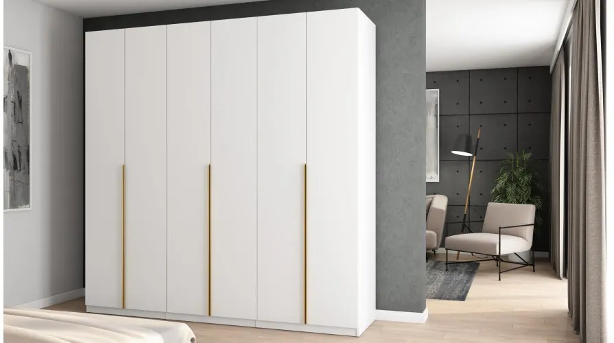 Szafa 6 drzwiowa otwierana 240 x 240 cm – biała ze złotymi uchwytami