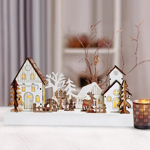 Solight LED wioska świąteczna, 34 x 17 cm, drewno, 4 diody LED, 2x AA