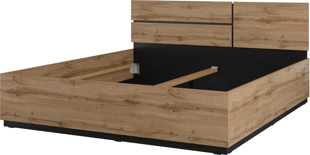 Łóżko CROSS 180x200 dąb wotan/czarne z pojemnikiem HELVETIA