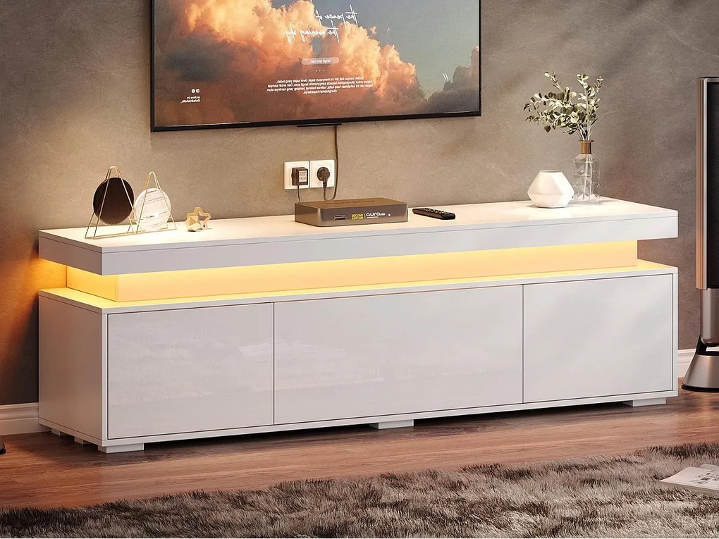 Lakierowany mebel TV o wysokim połysku 150x35x43 cm - 3 drzwi + 4 przegródki do przechowywania - Oświetlenie LED - Płyta wiórowa - Biały